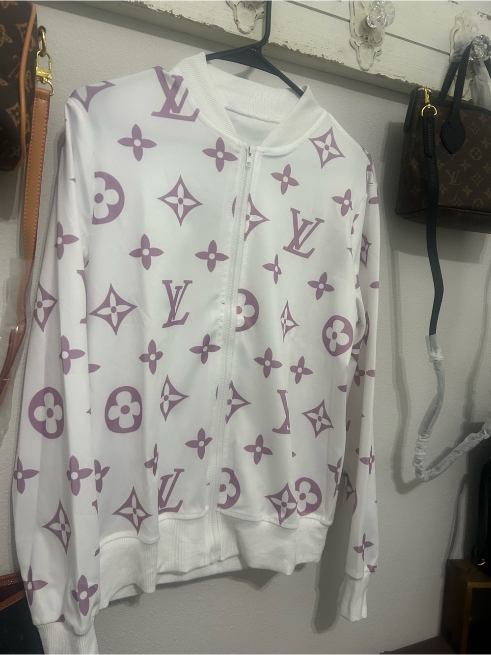 L V White Jacket with Monogram Print zip lightweight